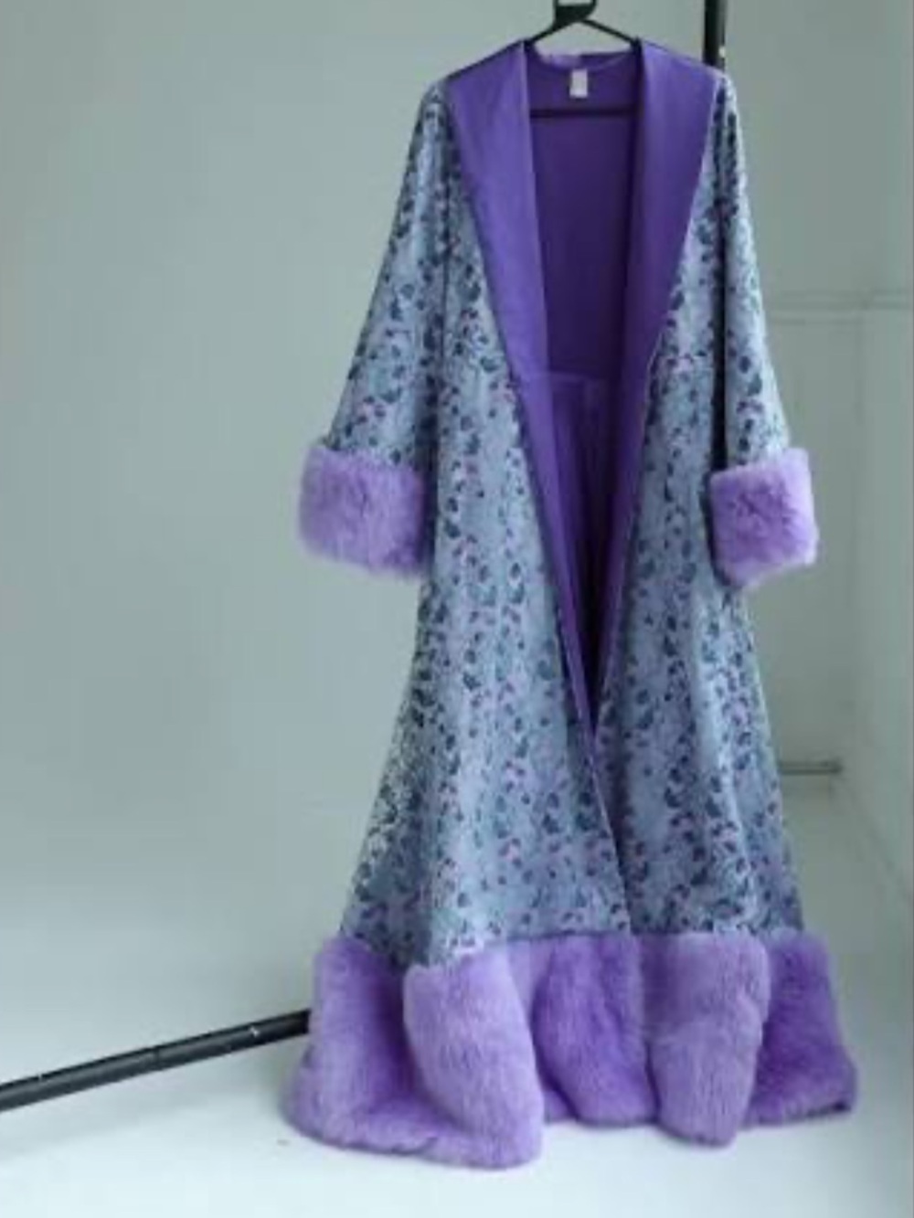 Scarlett Gasque glamorous embroidered floral faux fur trim robe
